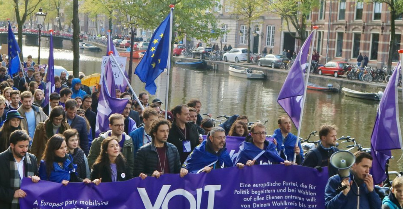 Volt parade in Amsterdam with flag