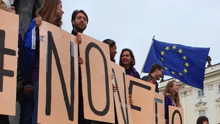 Volters in Prague with signs saying no veto